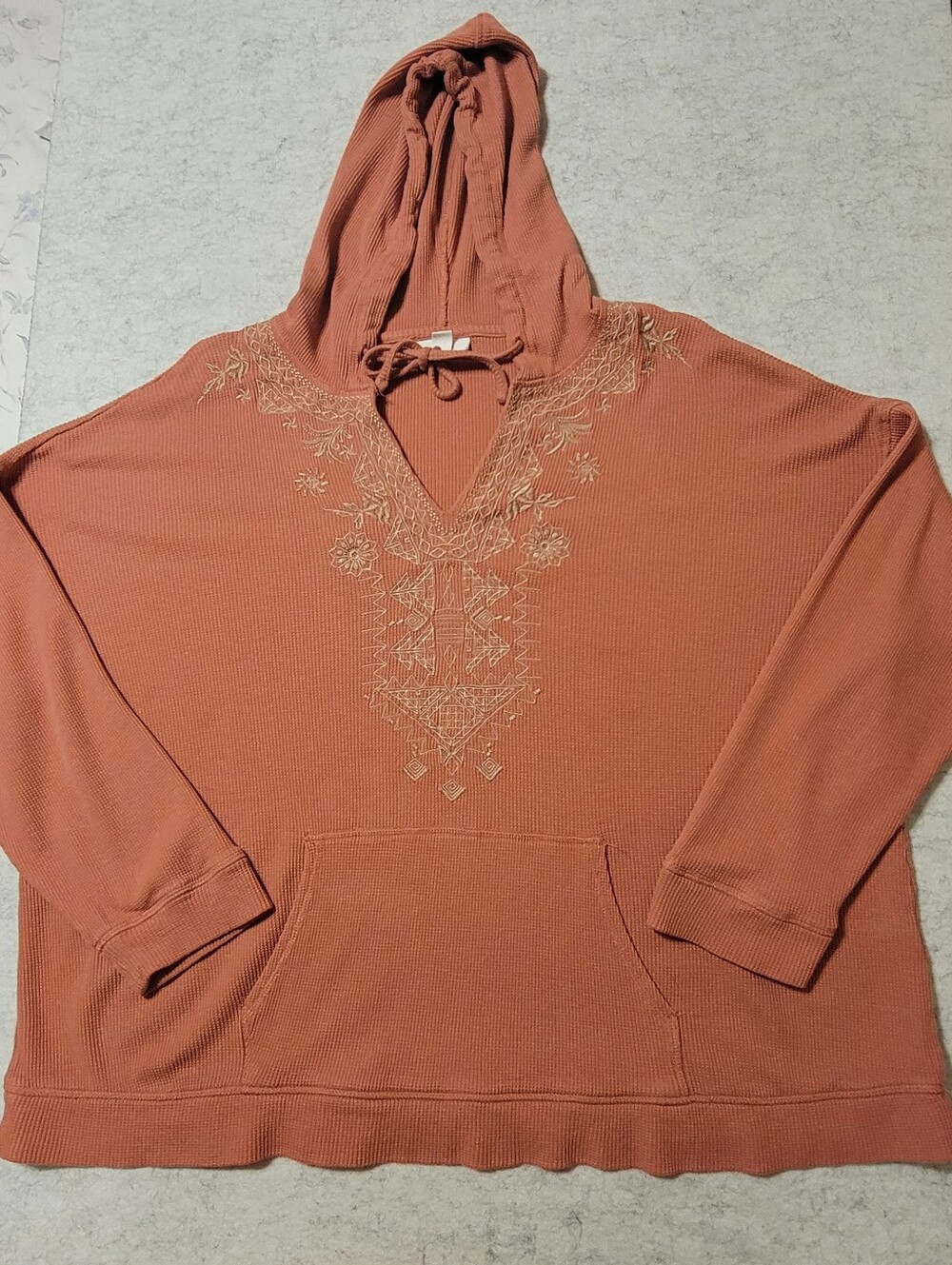 J. Jill Embroidered Waffle Knit V-Neck Pullover Hoodie Coral Terracotta XL